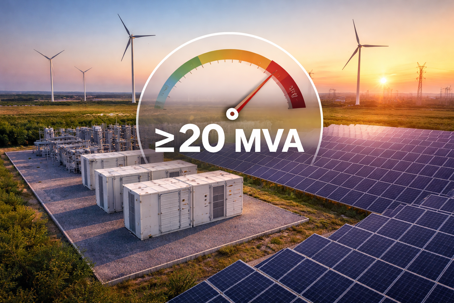 Solar panels and wind turbines at a sunset power plant with a gauge graphic reading 