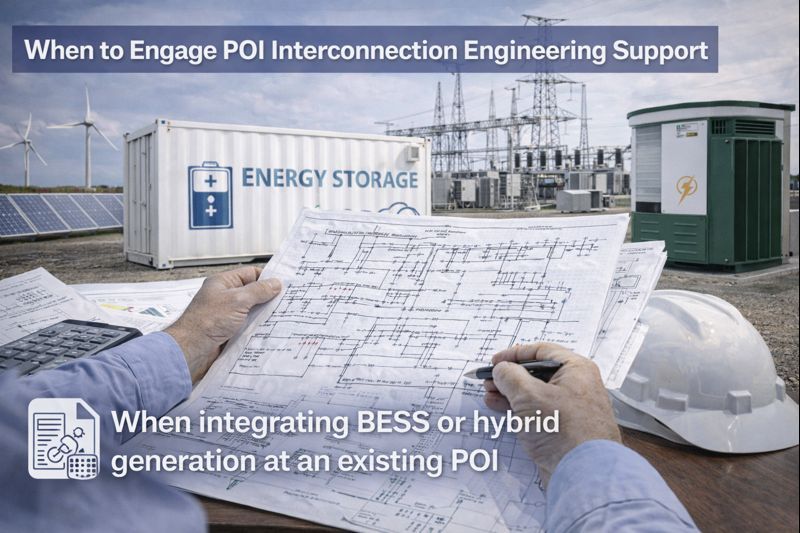 A person reviews technical plans in front of an energy storage site, highlighting engineering support for POI integration.