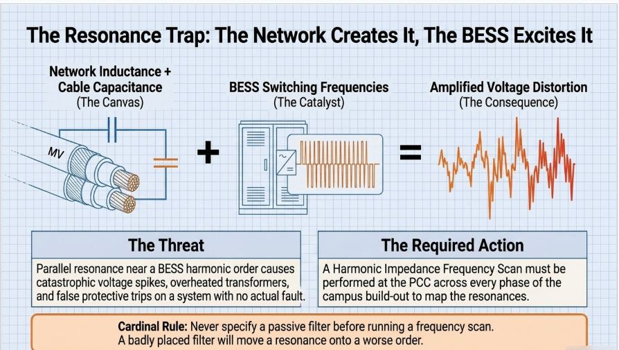 Data center BESS resonance showing network inductance cable capacitance and inverter harmonic excitation