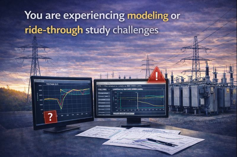 Two computer screens showing data graphs in an electrical substation setting; text highlights modeling challenges.