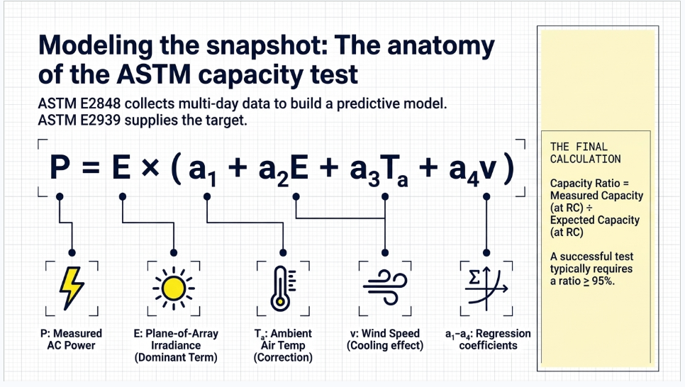 ASTM E2848 solar plant capacity test regression using irradiance, temperature and wind data