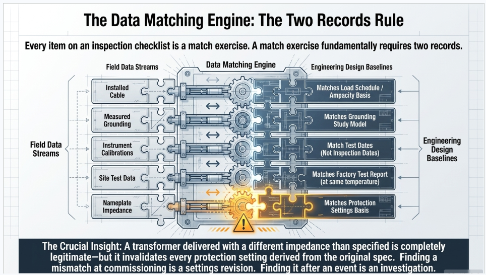 Substation commissioning data matching between field test records and engineering design baselines
