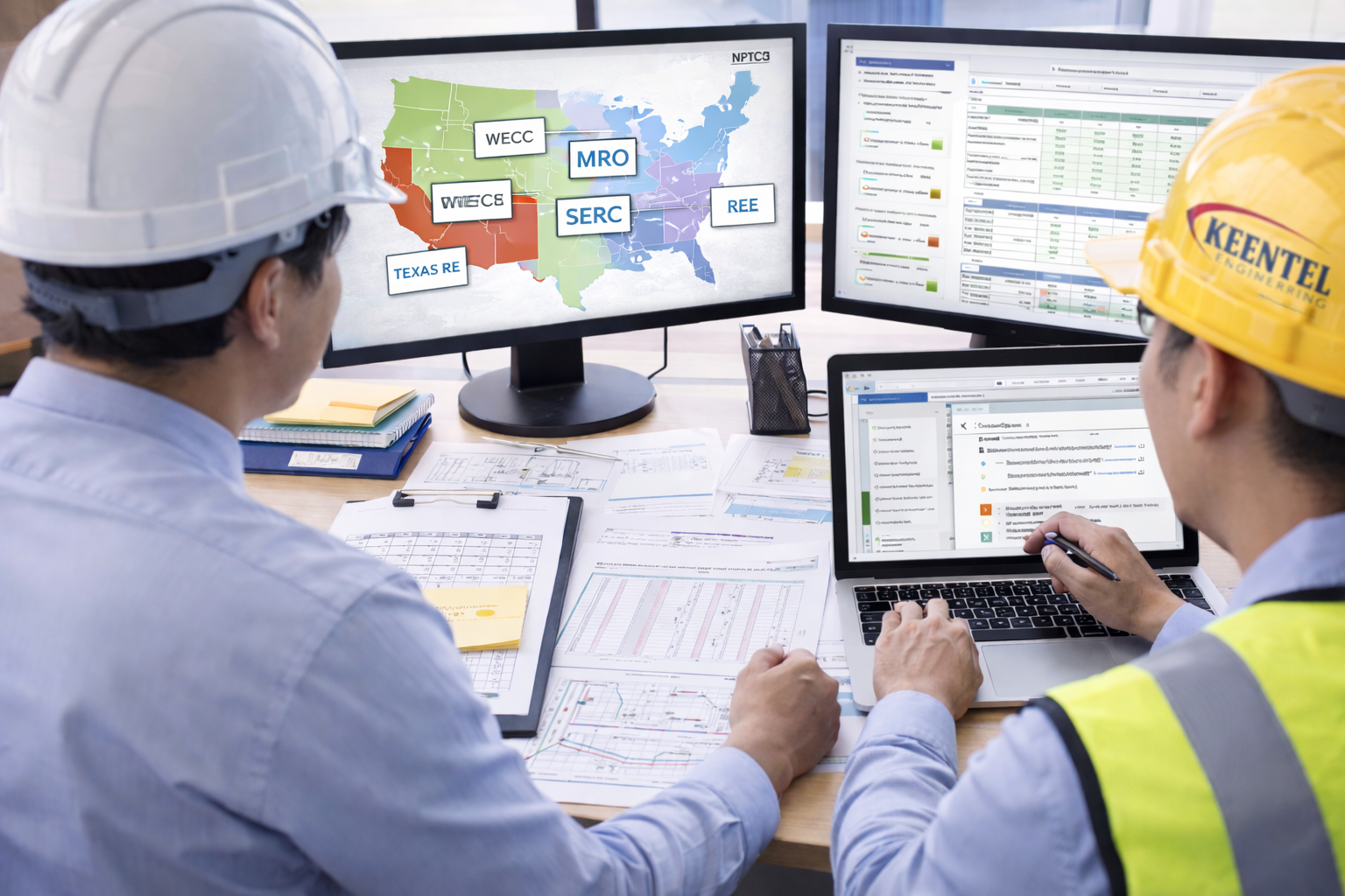 Two engineers in hard hats work together at a desk with two computer monitors and a laptop displaying data and a US map.