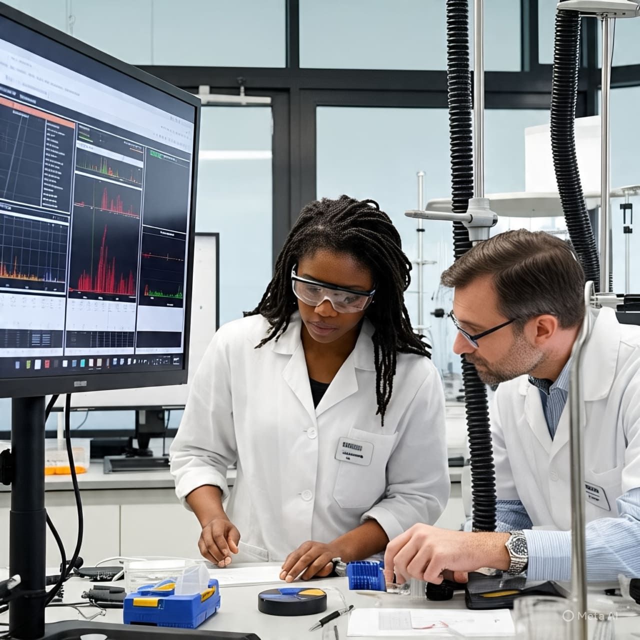 Two scientists in lab coats, examining data on a computer screen, possibly analyzing results.