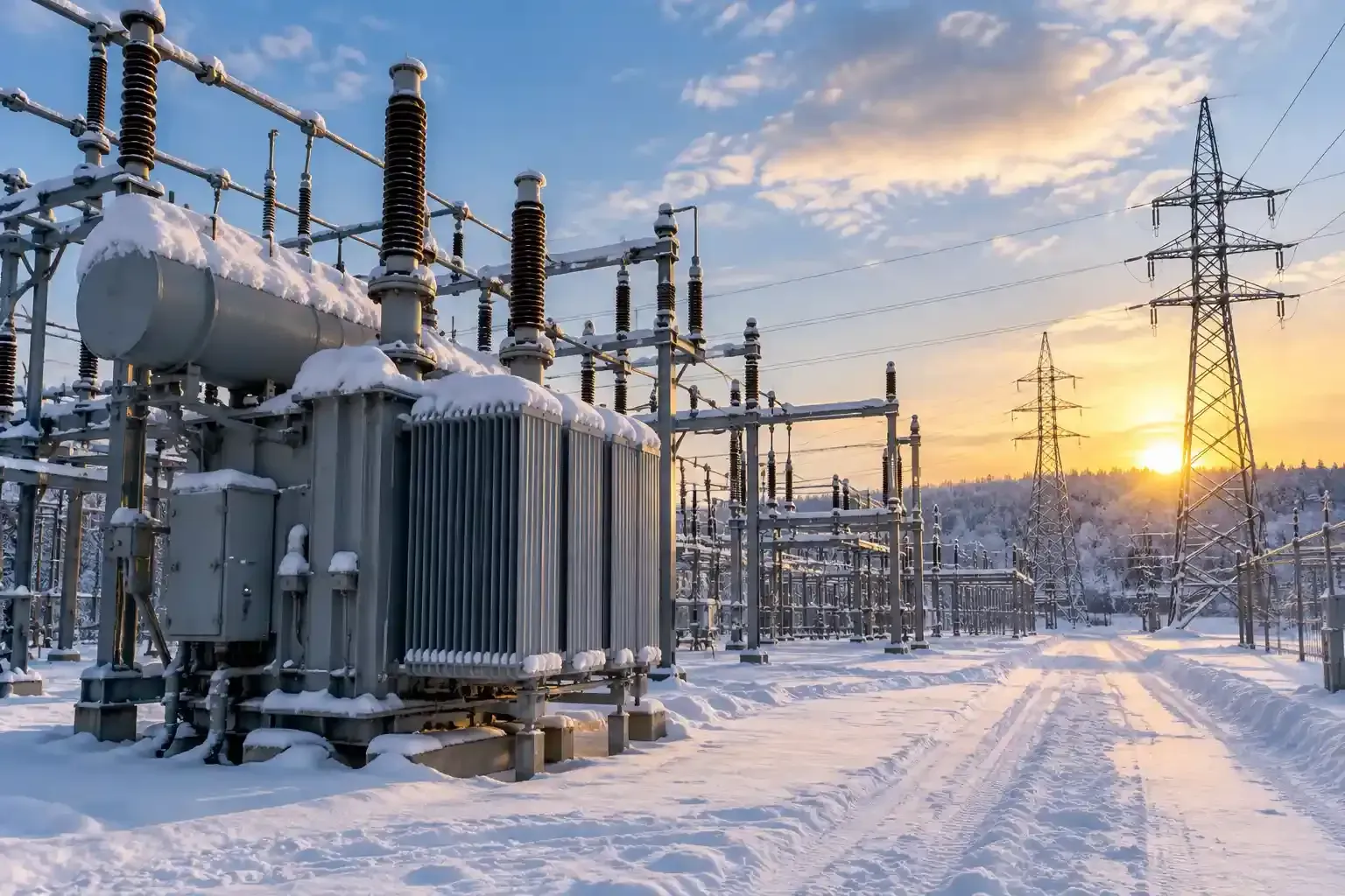 Real winter electrical infrastructure and power equipment in snowy conditions supporting cold-weather generator readiness