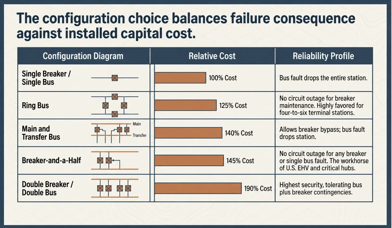 Substation bus configurations cost and reliability comparison