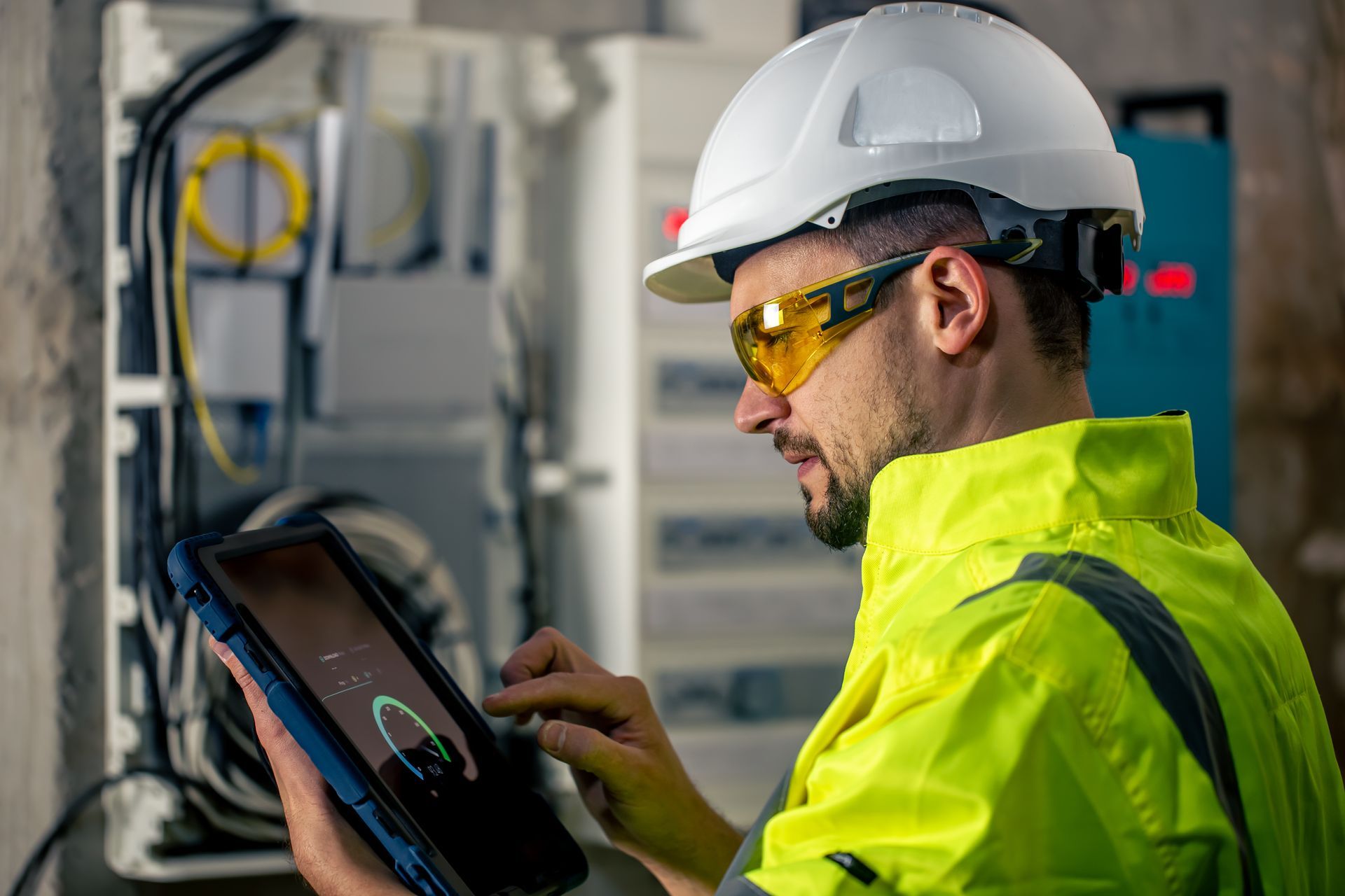 Electrician in a hard hat and safety glasses, inspecting a panel with a tablet.