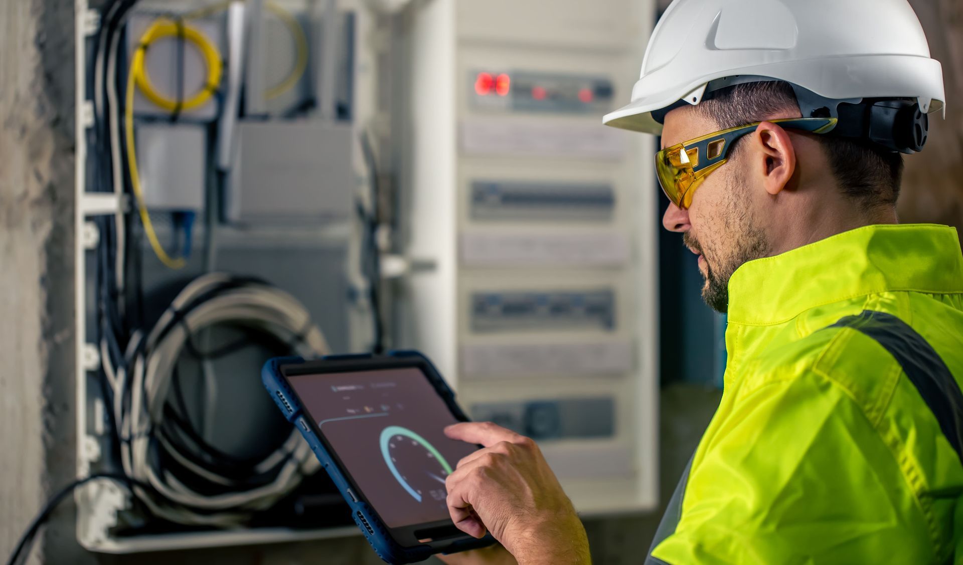 Technician in safety gear using a tablet near an electrical panel, likely for diagnostics.