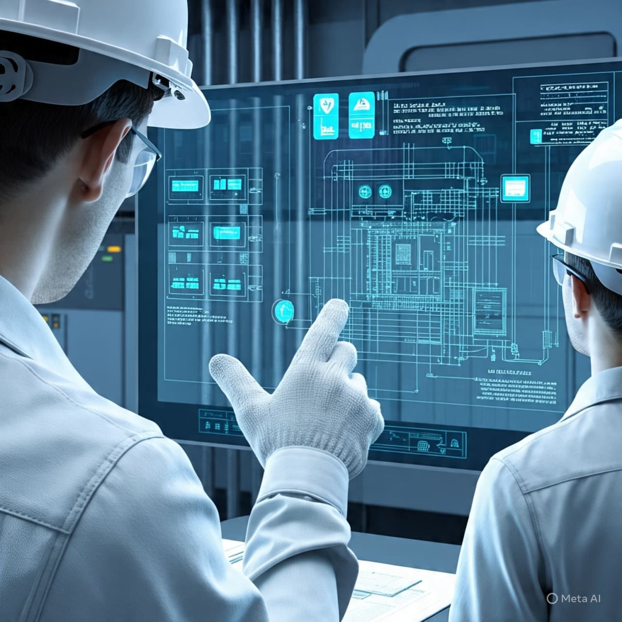 Two people in white lab coats and hard hats examine a digital schematic on a computer screen in a factory setting.