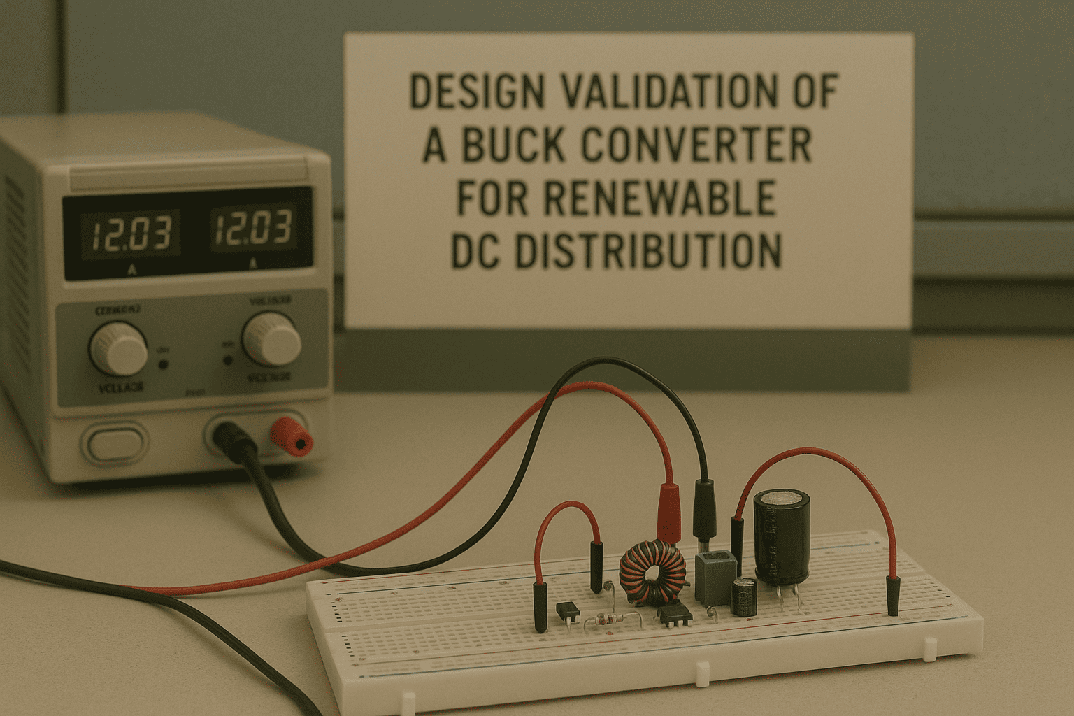 A breadboard circuit with a buck converter, connected to a power supply, with a sign: