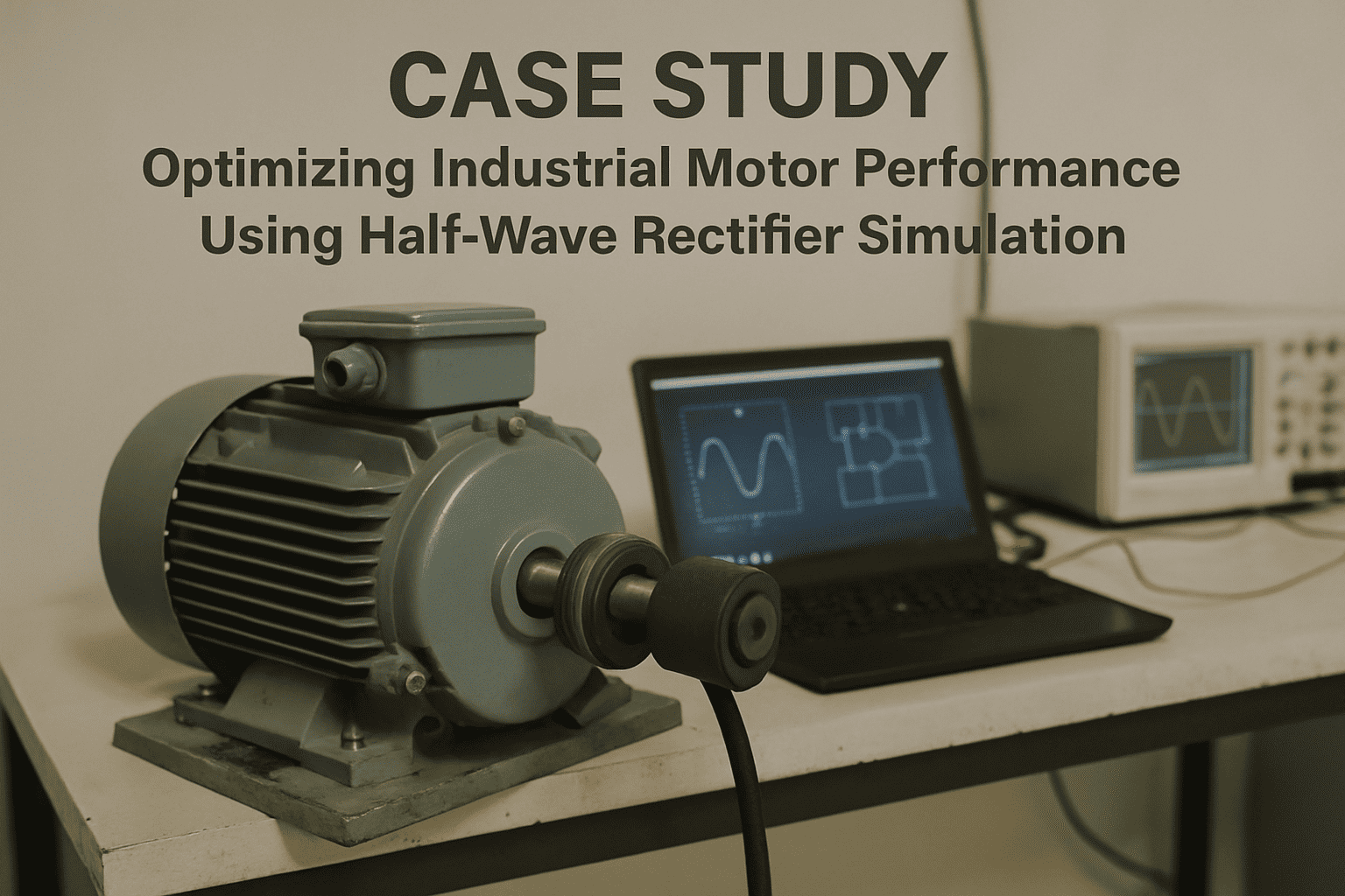 Case study: Industrial motor with laptop showing half-wave rectifier simulation, a test setup.