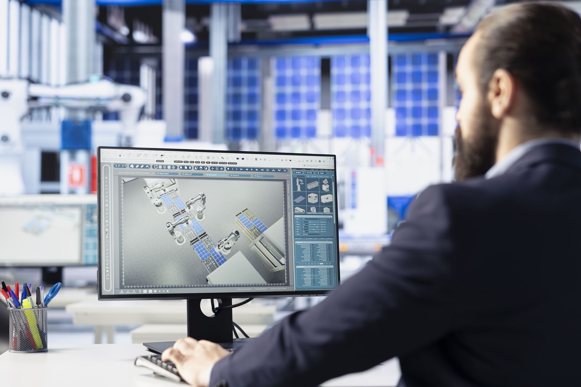 A person in a business suit working at a computer in a manufacturing facility, designing parts on the screen.