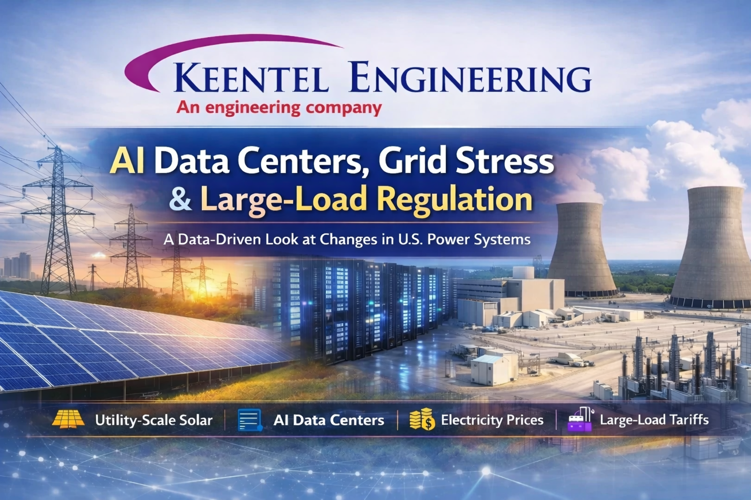 Keentel Engineering featured image illustrating AI data centers, grid stress, and large-load regulation in U.S. power systems with visuals of solar panels, transmission lines, data center infrastructure, and power plants.
