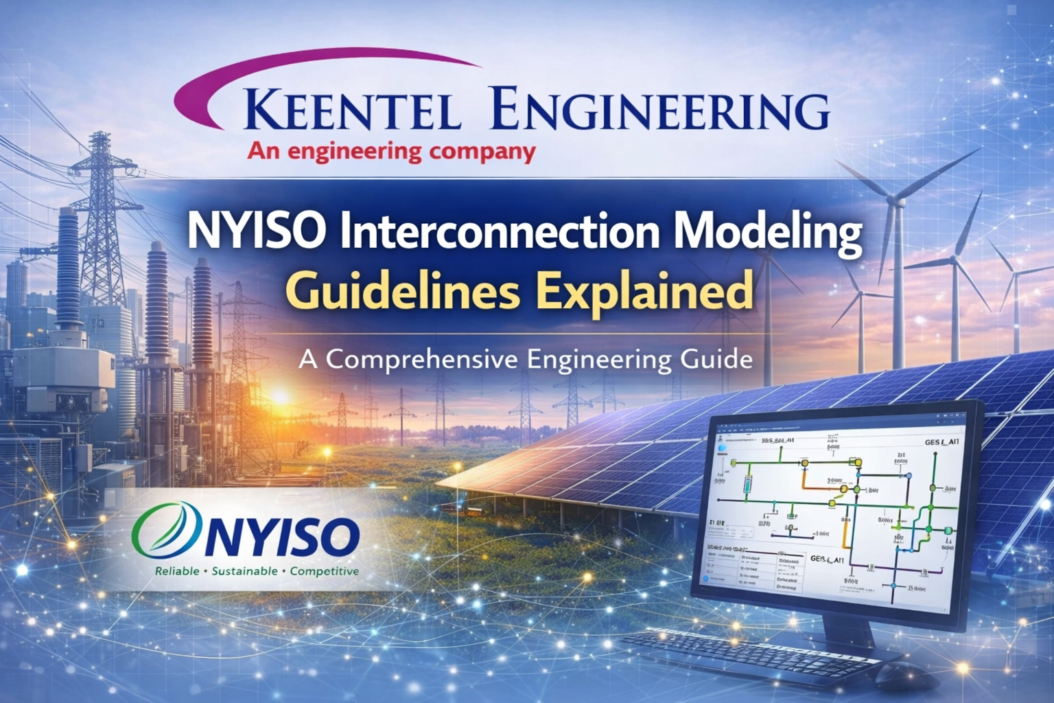 Keentel Engineering featured image for NYISO Interconnection Modeling Guidelines Explained showing power grid infrastructure, solar panels, wind turbines, substation equipment, and engineering modeling software interface.
