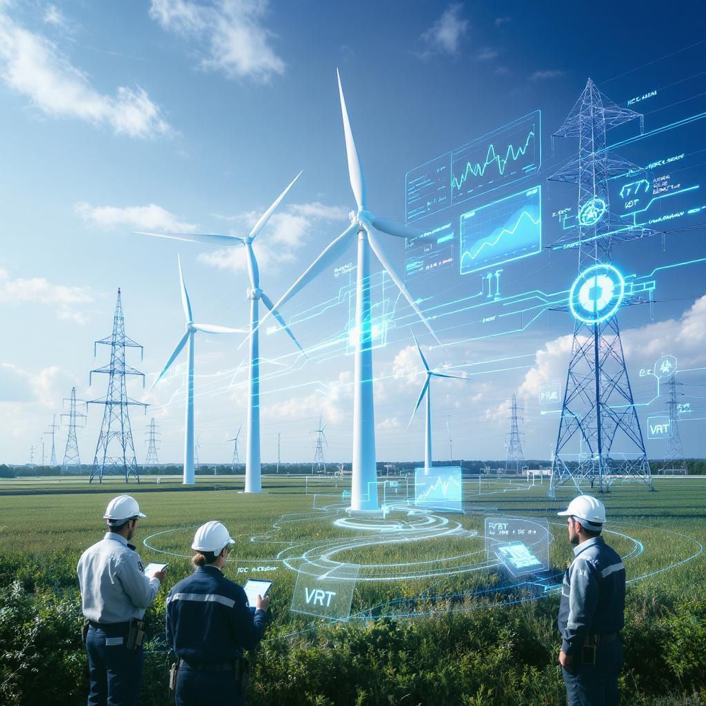 Engineers monitoring wind turbines in a field, with digital data overlays. Sunny day, blue sky.
