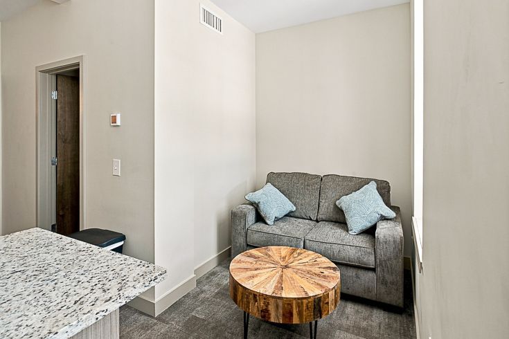 Small gray sofa with blue pillows beside a round wooden coffee table in a bright room