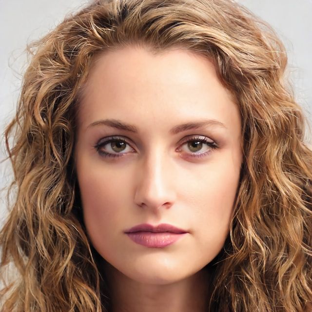 Woman with curly blonde hair and neutral expression, looking directly at the viewer.