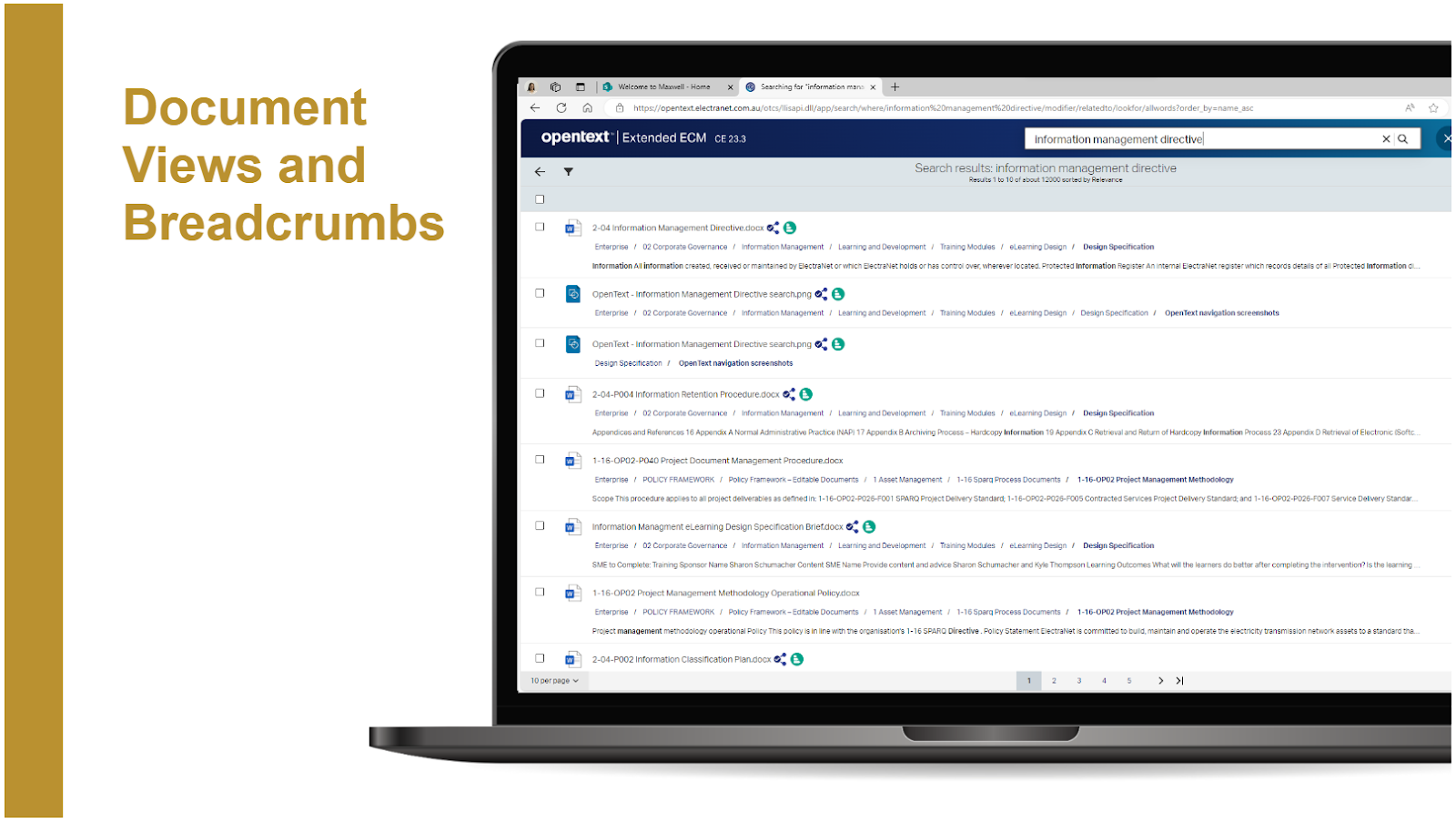 A laptop computer is open to a page that says document views and breadcrumbs. Elearn Designed by Captovate