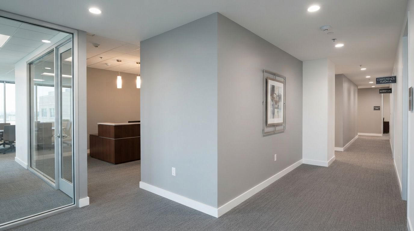 Modern office hallway with gray carpet, light walls, glass office doors, and recessed ceiling lights