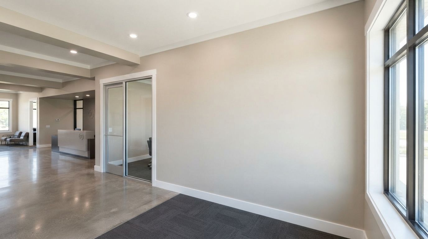Empty modern lobby with gray walls, glass doors, and large windows letting in natural light