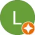 Cercle vert avec un « L » blanc et une petite étoile orange.