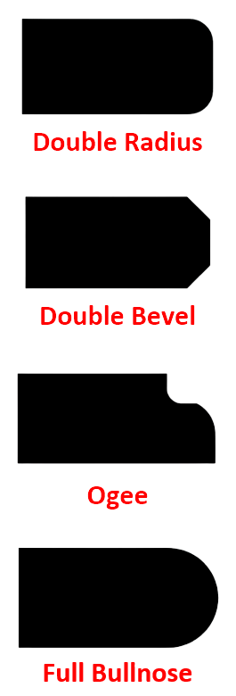 Four black profile shapes labeled Double Radius, Double Bevel, Ogee, and Full Bullnose on white background