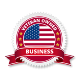 Veteran owned business badge with U.S. flag and red ribbon emblem