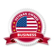 Veteran owned business badge with U.S. flag and red ribbon emblem