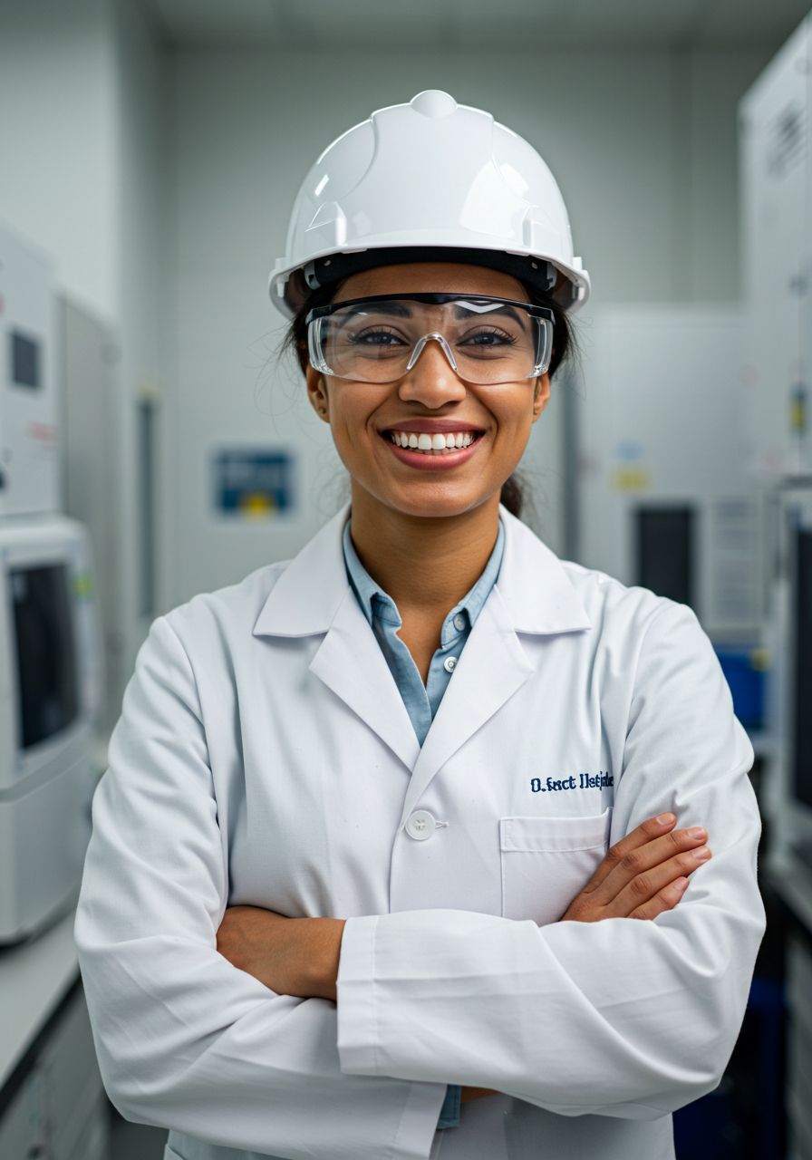 Uma mulher de jaleco e capacete está sorrindo com os braços cruzados.