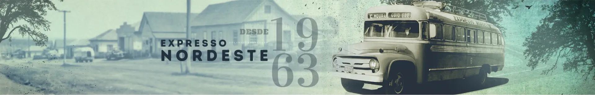 Imagem de banner de uma vila antiga com imagem do primeiro ônibus da Expresso Nordeste