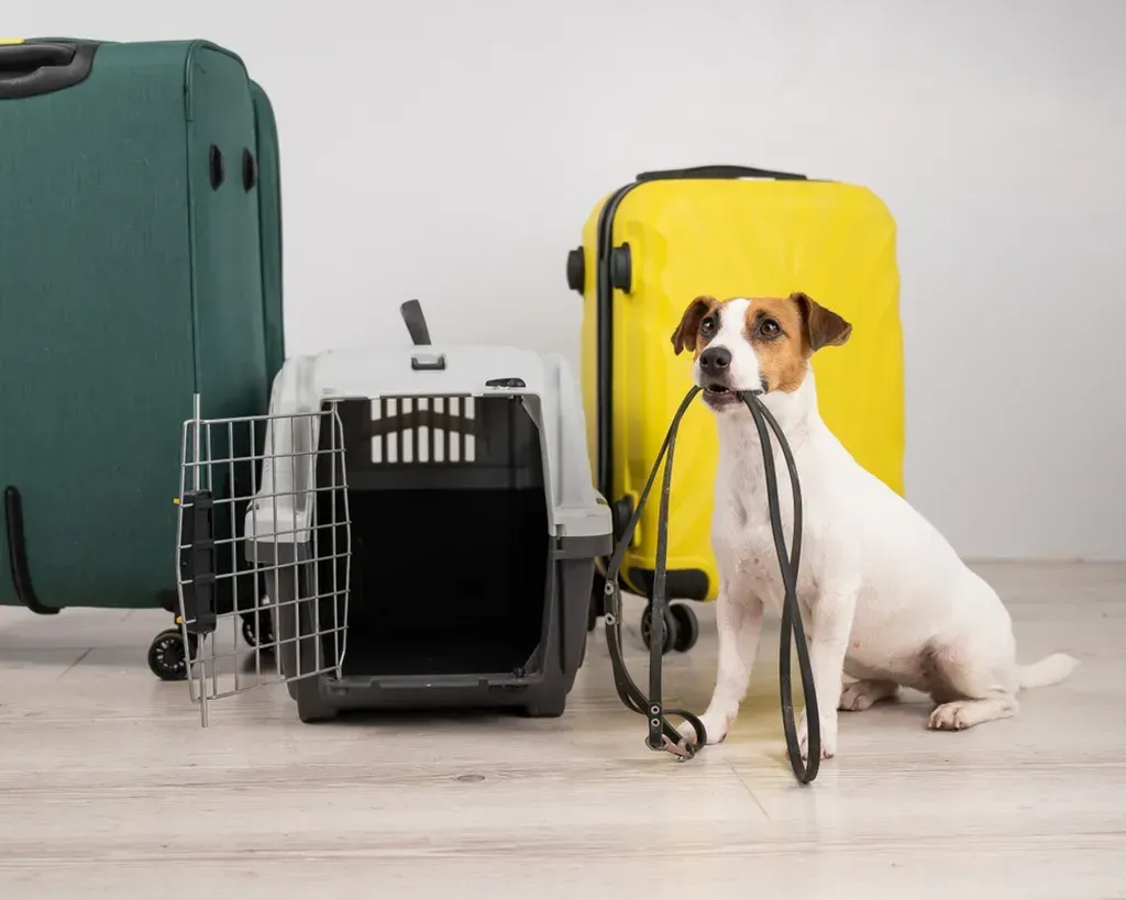 Um cachorro está sentado ao lado de duas malas e uma caixa de transporte para viagem segura.