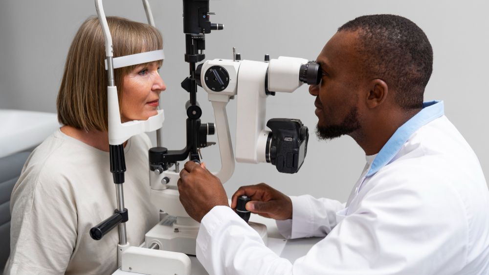 Optometrist examining a woman's eye using a slit lamp in a clinic.