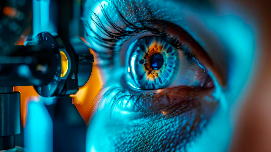 A close-up view of an eye being examined with an ophthalmic device, bathed in bright blue lighting.