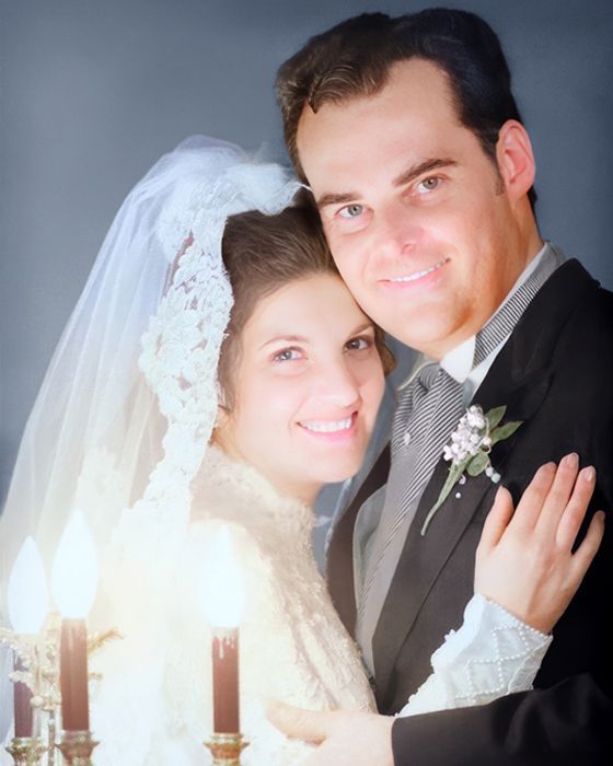 A portrait of a Bride and Groom on their wedding day.