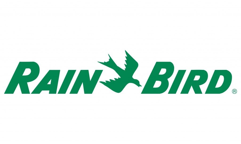 The rain bird logo is green and has a bird on it.