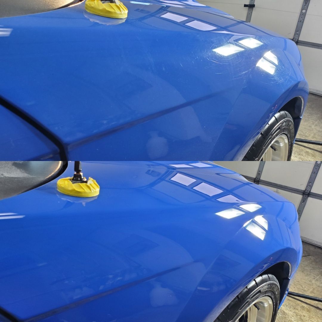A before and after picture of a blue car