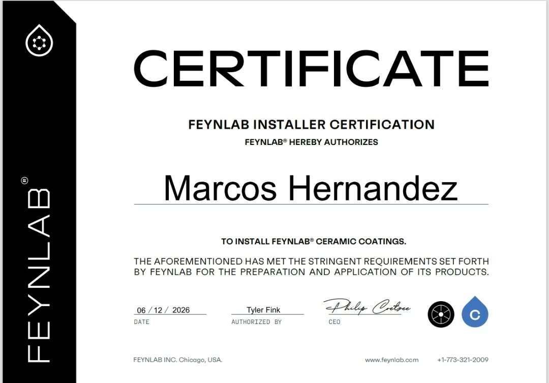 FEYNLAB certified ceramic coating installer certificate - Perfect Touch Auto Detailing, Harrisonburg VA