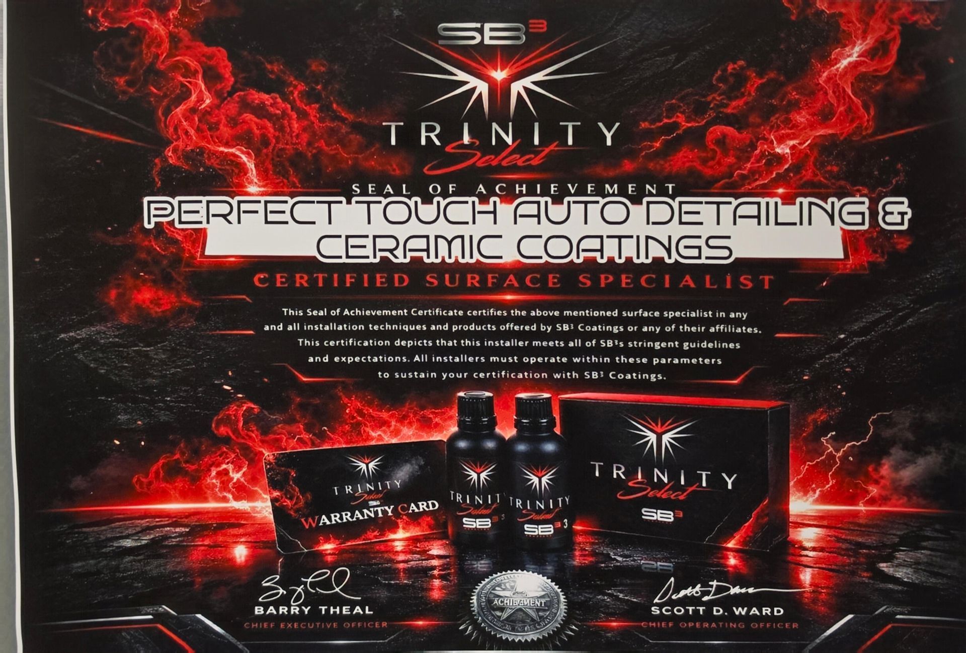 SB3 Trinity Select certified surface specialist certificate - Perfect Touch Auto Detailing, Harrisonburg VA