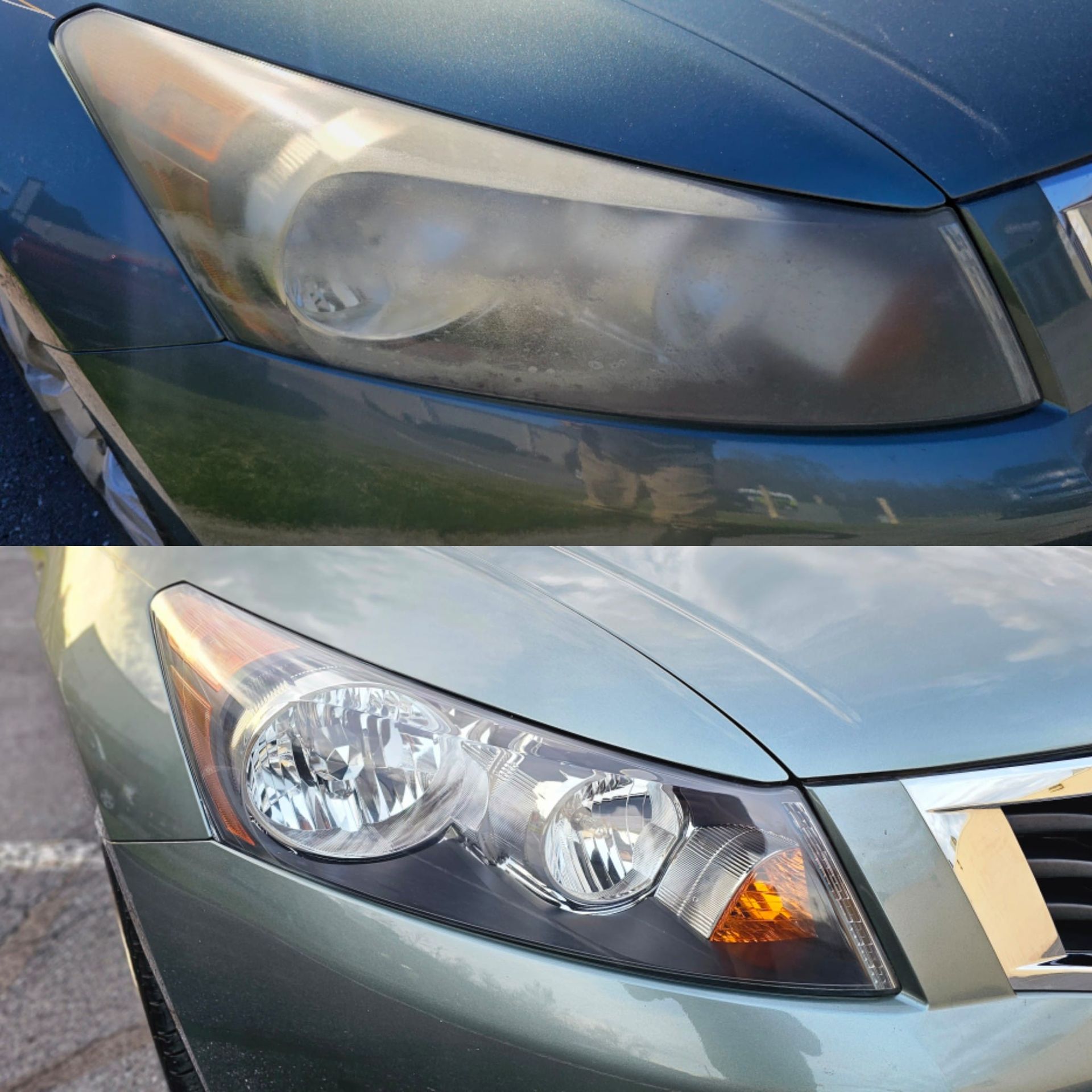 A before and after photo of a car 's headlights