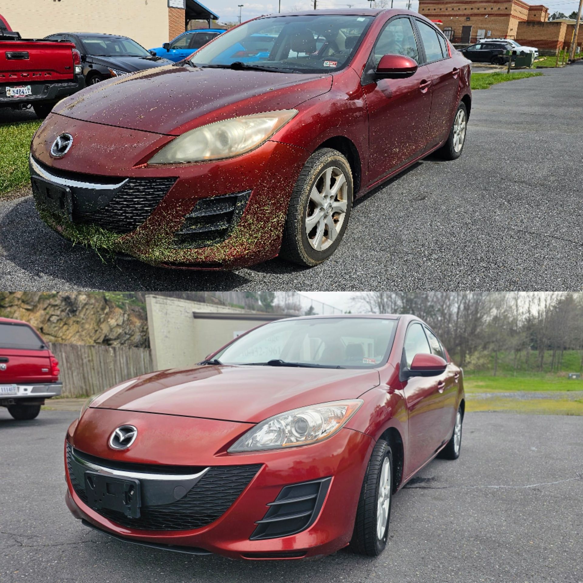 A before and after photo of a red car