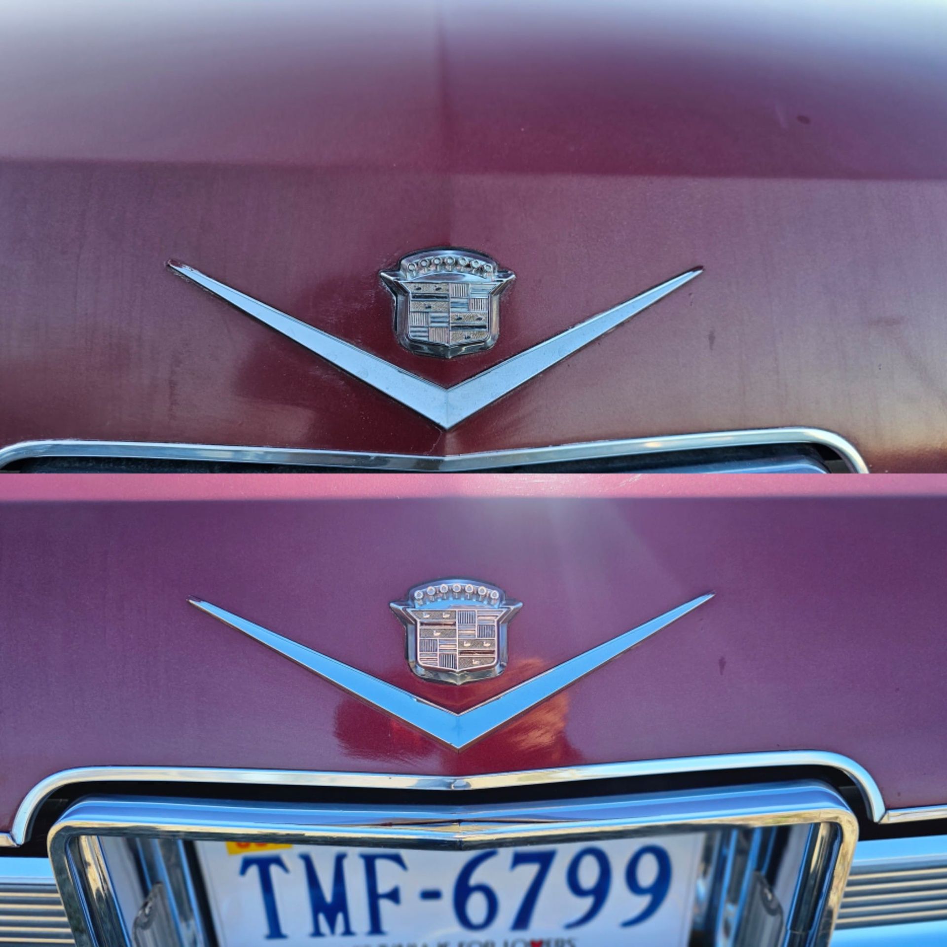 A red car with a license plate that says tmf-6799
