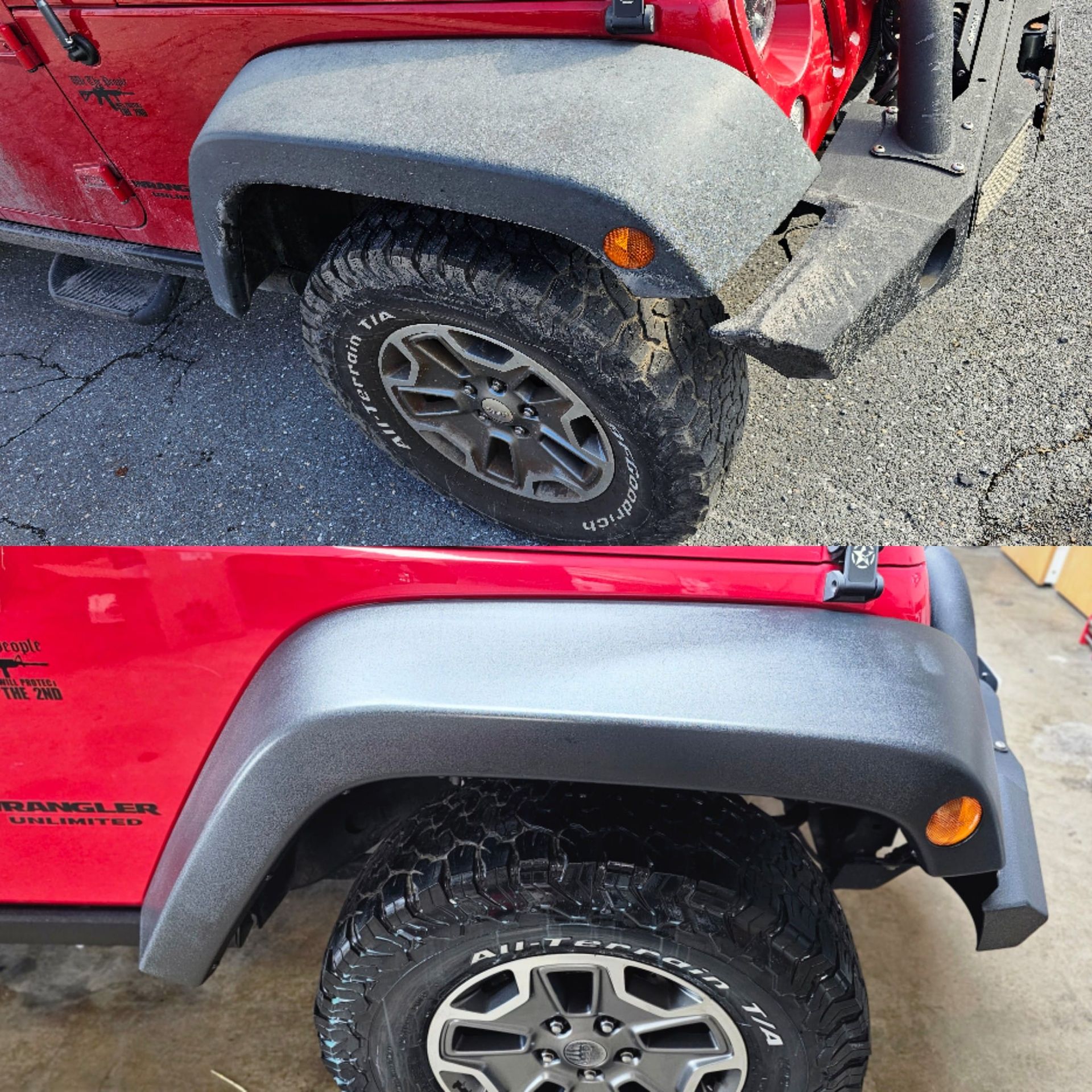 A red jeep with black fenders and tires