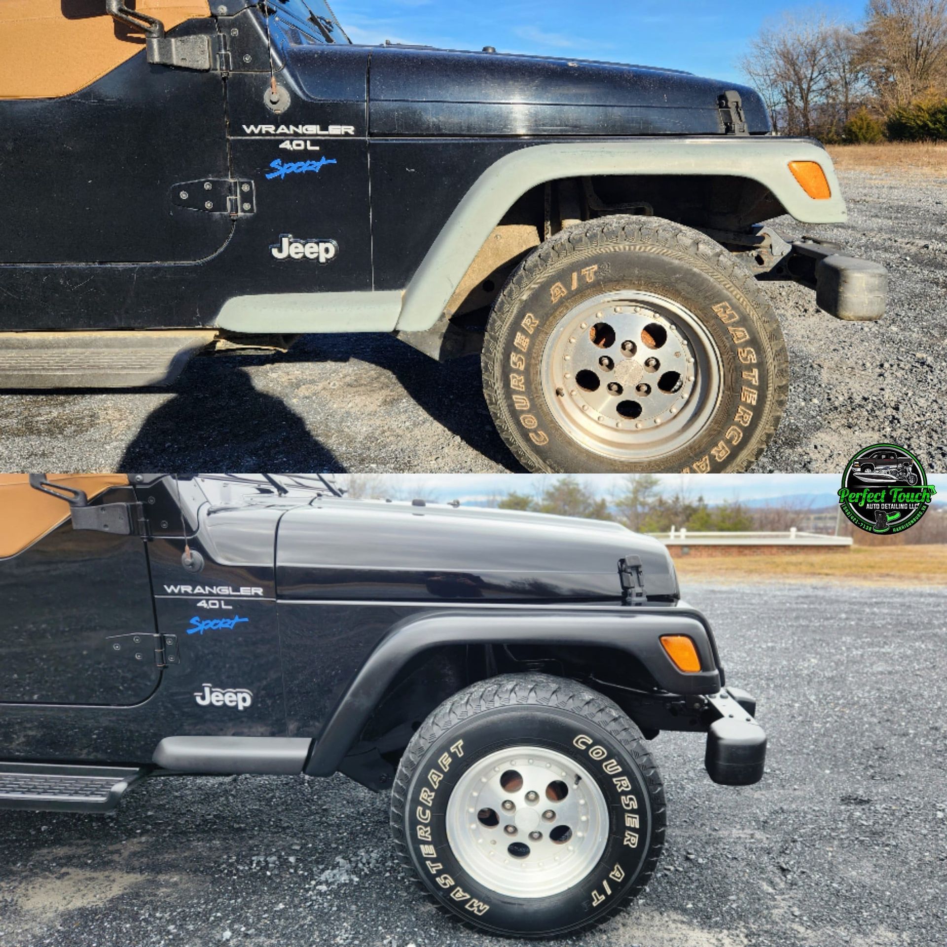 A black jeep with the word jeep on the side