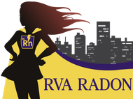 Silhouette of a superhero with a radon symbol on her cape, in front of a city skyline;