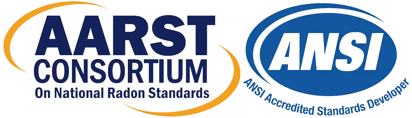 Logos for AARST Consortium on National Radon Standards and ANSI, with 