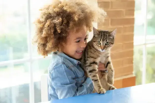 Child with curly hair smiling while holding a tabby cat. Near a window, brick wall.