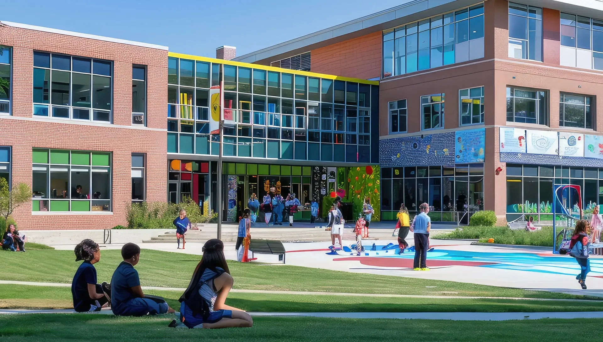 School building exterior with students on the lawn; brick and glass architecture with colorful accents.