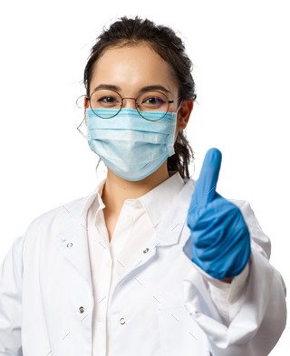 A female doctor wearing a mask and gloves is giving a thumbs up.