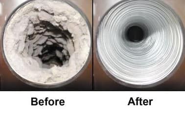Before-and-after of a clogged drainpipe, showing heavy blockage cleaned to a clear opening.