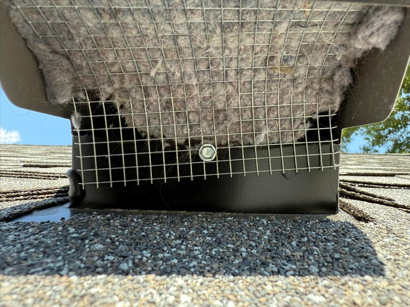 Close-up of a wire mesh beneath a concrete structure on a gravel ground outdoors